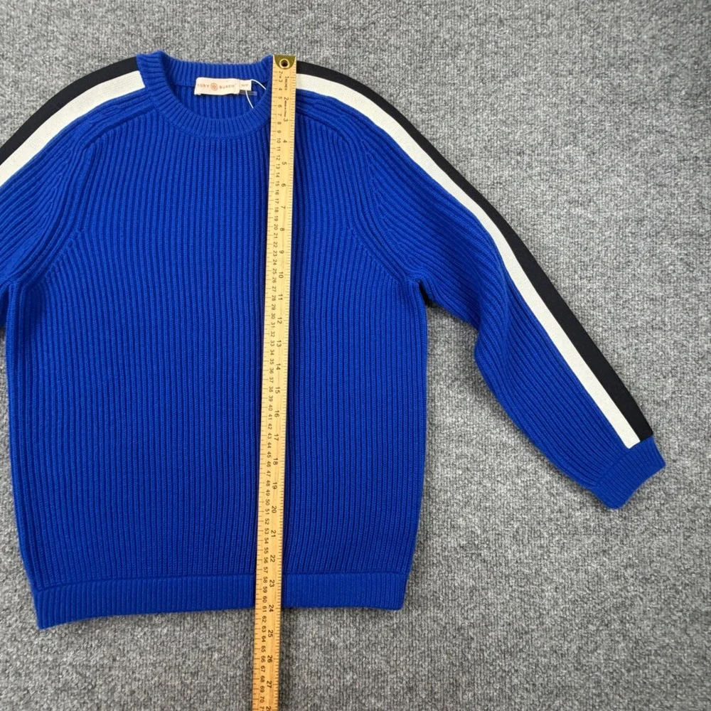 Tory Burch Blue Performance Merino Wool Ribbed Racing Stripe Sweater XS NWOT